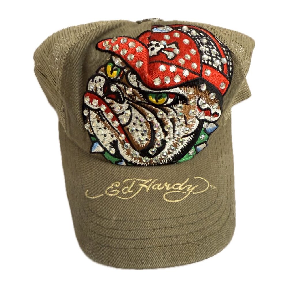 Vintage Ed Hardy Bulldog Snapback Trucker Hat Bejeweled Olive Mesh
